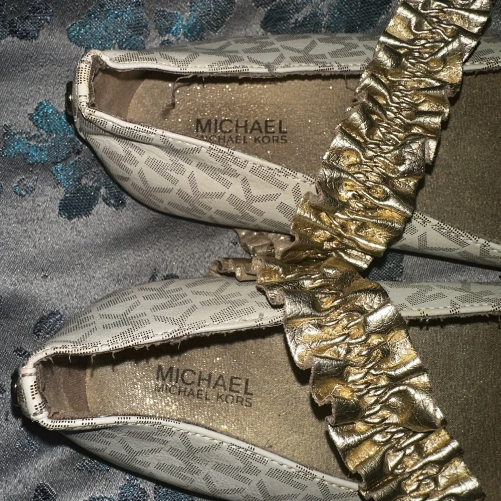 Michael Kors Girls Beige Logo Ballet Flats with Gold Strap